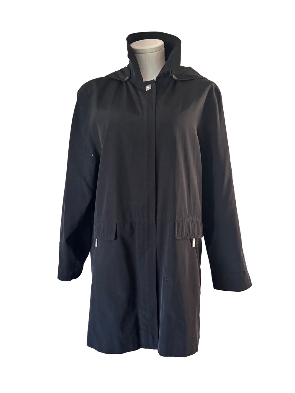 Talbots Petites Black Hooded Raincoat Jacket M Petite Lightweight Trench Coat - Picture 3 of 9